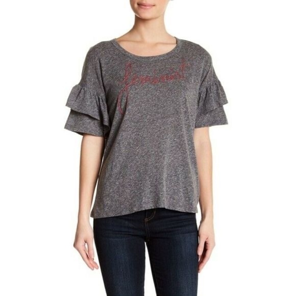 Sundry Feminist Embroidered Tiered Sleeve T-shirt/Sz 1 - Picture 1 of 5
